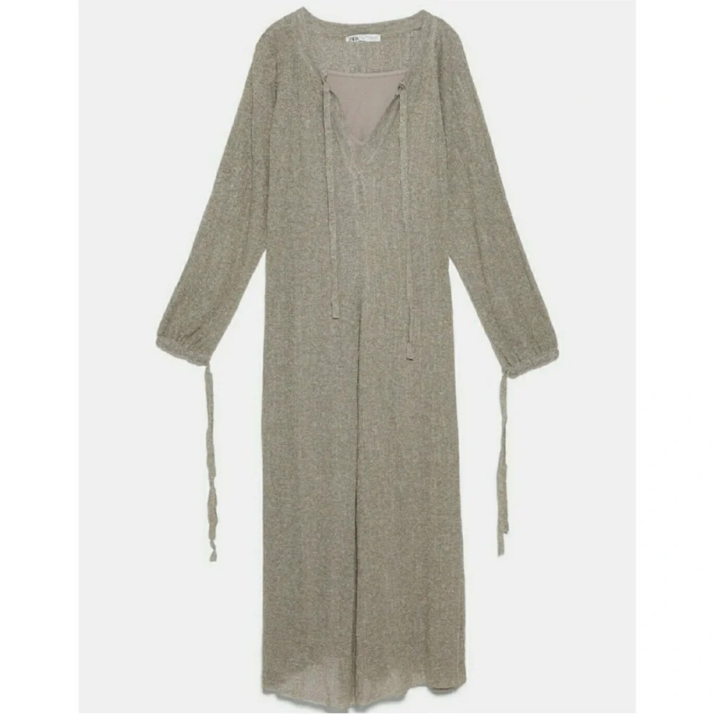 ZARA Dress with Metallic Thread silver long sleeve with slip size med NWT